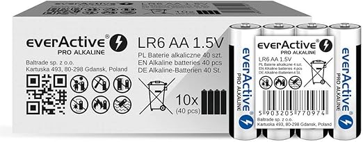 🆕 everActive AA batterier 40-pack, Pro alkalisk, Mignon LR6 R6 1,5 V, högsta prestanda, 10 års hållbarhet, 40 stycken