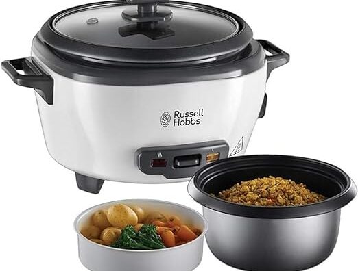 Russell Hobbs Medium riskokare, rostfritt stål/vit, non-stick beläggning, diskmaskinsäker, 300 Watt