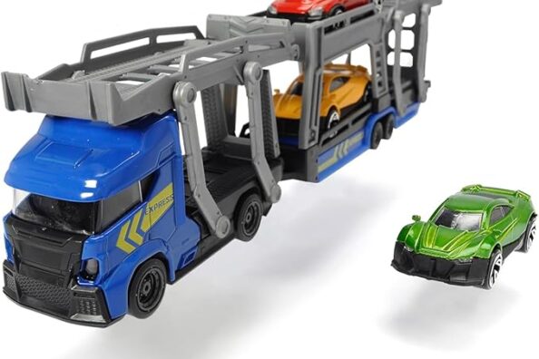 🆕 Dickie Toys 203745008Y06 – Biltransport med Frihjul och Rörliga Delar – Inklusive 3 Stycken Bilar i Metall – 28 cm